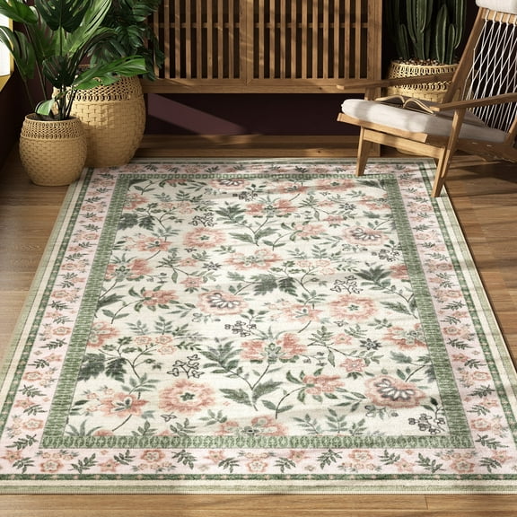 Washable Area Rug for Living Room, NovDeco 4'x6' Non-Slip Boho Pink Floral Print Indoor Rug, Low Pile Stain Resistant Carpet for Entryway, Nursery