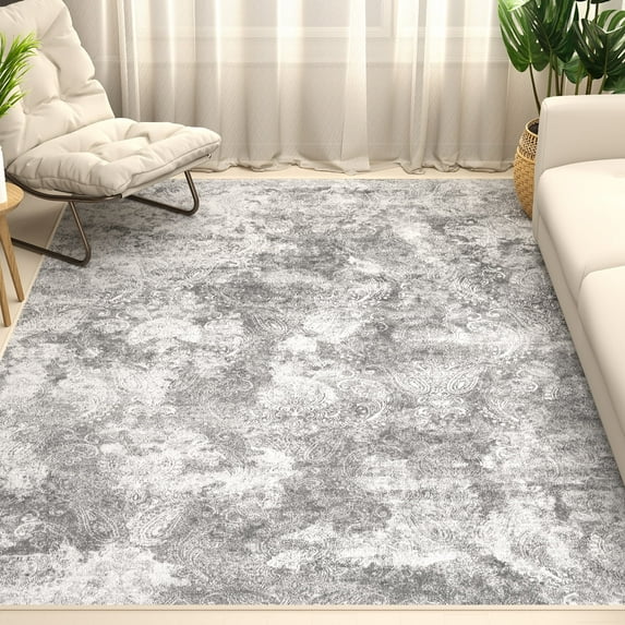 Washable Area Rug for Living Room, NovDeco 5'x7' Neutral Abstract Light Gray Indoor Rug, Soft Low Pile & Stain Resistant Carpet for Bedroom, Nursery