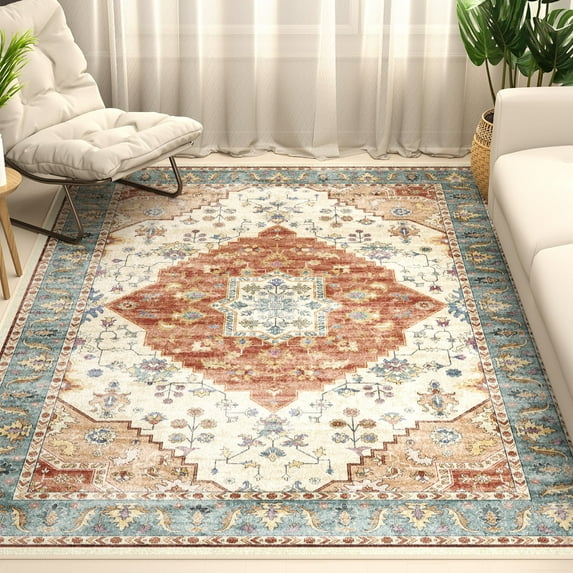 Washable Area Rug for Living Room, NovDeco 5'x7' Non-Slip Vintage Print Persian Indoor Rug, Stain Resistant Carpet for Bedroom, Nursery, Brick Red