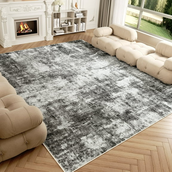 Washable Area Rug for Living Room, NovDeco 8'x10' Non-Slip Neutral Abstract Gray Indoor Rugs, Low Pile Stain Resistant Carpet for Bedroom Kitchen