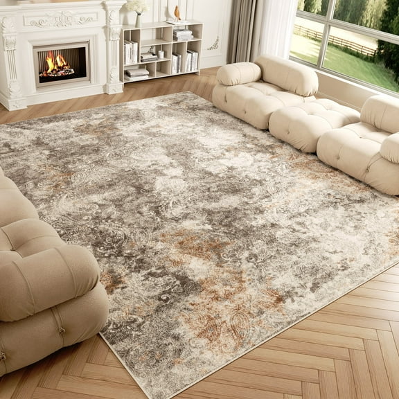 Washable Area Rug for Living Room, NovDeco 8'x10' Non-Slip Neutral Abstract Beige Indoor Rug, Low Pile Stain Resistant Carpet for Bedroom, Kitchen