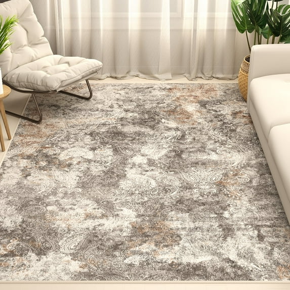 Washable Area Rug for Living Room, NovDeco 5'x7' Non-Slip Neutral Abstract Beige Indoor Rug, Soft Low Pile Stain Resistant Carpet for Bedroom Nursery