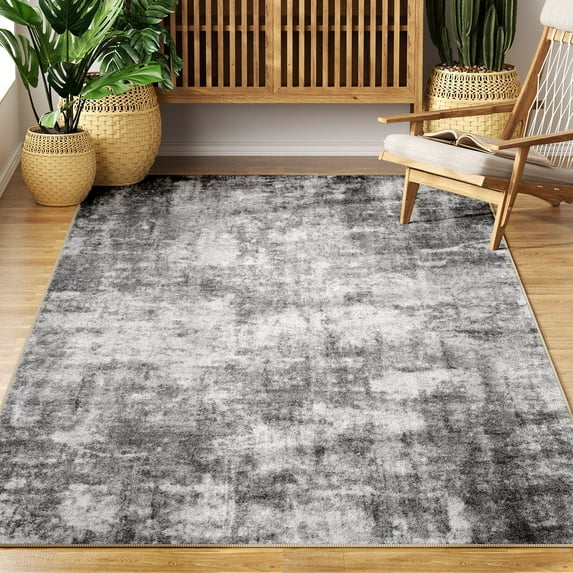 Washable Area Rug for Living Room, NovDeco 4'x6' Non-Slip Neutral Abstract Gray Indoor Rug, Low Pile Stain Resistant Carpet for Bedroom, Nursery