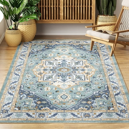 Washable Area Rug for Living Room, NovDeco 4'x6' Non-Slip Vintage Boho Light Blue Indoor Rug, Low Pile Stain Resistant Carpet for Bedroom, Nursery
