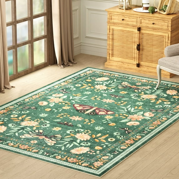 Washable Area Rug for Living Room, NovDeco 6'x9' Non-Slip Vintage Boho Emerald Green Indoor Rug, Low Pile Stain Resistant Carpet for Bedroom, Kitchen