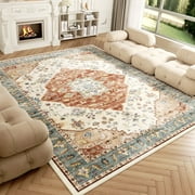 Washable Area Rug for Living Room, NovDeco 8'x10' Non-Slip Vintage Print Persian Indoor Rug, Low Pile Stain Resistant Carpet for Bedroom, Brick Red