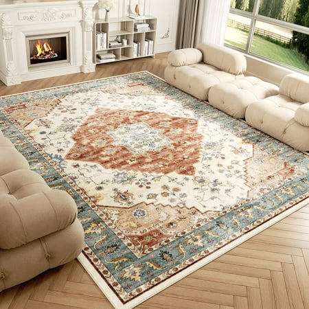 Washable Area Rug for Living Room, NovDeco 8'x10' Non-Slip Vintage Print Persian Indoor Rug, Low Pile Stain Resistant Carpet for Bedroom, Brick Red