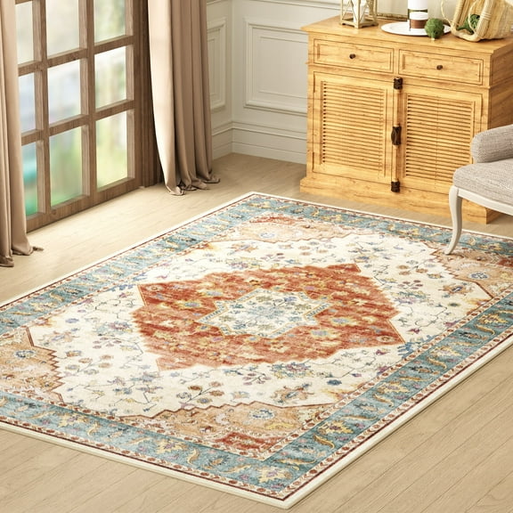 Washable Area Rug for Living Room, NovDeco 6'x9' Non-Slip Vintage Print Persian Indoor Rug, Stain Resistant Carpet for Bedroom Kitchen, Brick Red