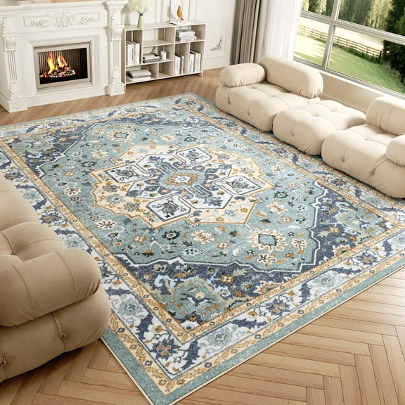 Washable Area Rug for Living Room, NovDeco 8'x10' Non-Slip Vintage Boho Light Blue Indoor Rug, Low Pile Stain Resistant Carpet for Bedroom, Kitchen