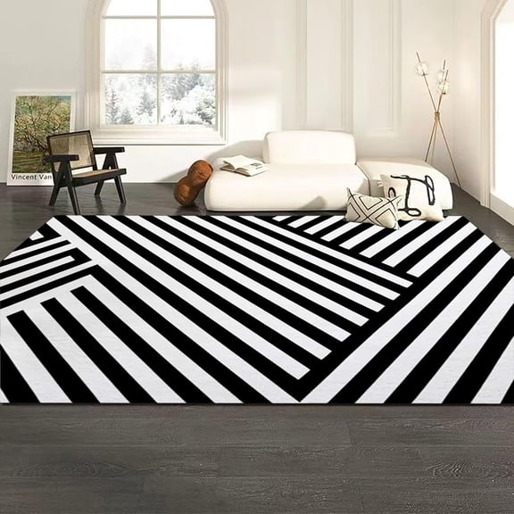 Washable Area Rugs Medieval Geometric Stripes Black And White Rug With Non-Slip Backing Washable For Living Room Non-Shedding Indoor Floor Mat-4' × 5'