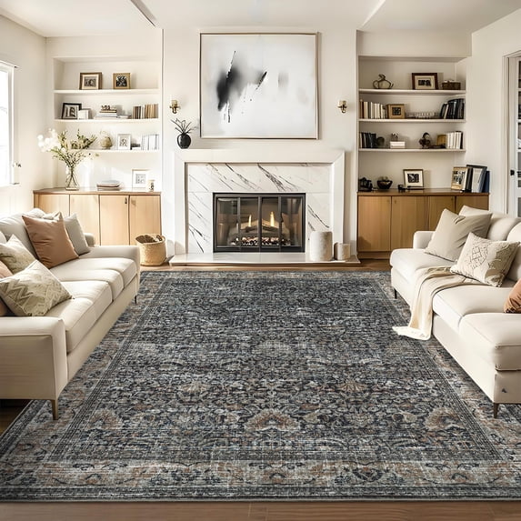 Washable Area Rugs, Reddish Brown 8'X10' Antique Distressed Large Rug for Living Room, Modern Non Slip Stain Resistant Vintage Print Accent Carpet Floor Mat for Bedroom Dining Office Farmhouse