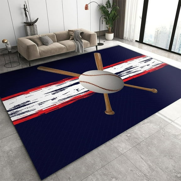 Washable Area Rugs Sports Baseball Blue Geometric Textur Non Slip Rugs For Living Room Bedroom Carpet Stain Resistant, Home Decor Office Sports Baseball-3' × 4' / 36" × 48" ( W × L )