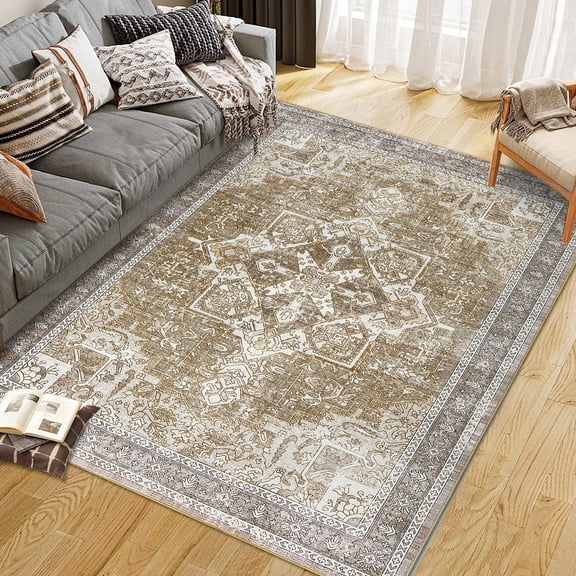 Washable Area Rugs for Living Room 10x13 Neutral Vintage Distressed Floral Boho Soft Floor Rug Indoor Non Slip Carpet for Bedroom Camel