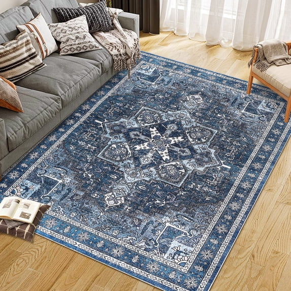 Washable Area Rugs for Living Room 8x10 Neutral Vintage Distressed Floral Boho Soft Floor Rug Indoor Non Slip Carpet for Bedroom Blue