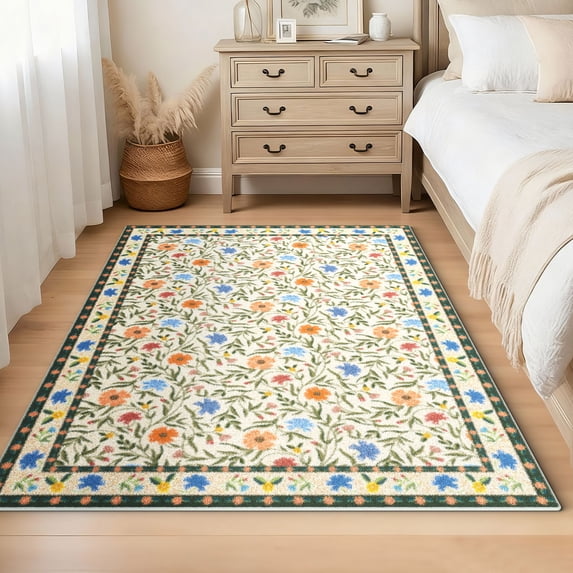 Washable Area Rugs for Living Room, Curtilage 4'x6' Non-Slip Boho Floral Indoor Rugs, Soft Low Pile Stain Resistant Carpet for Kitchen, Entryway