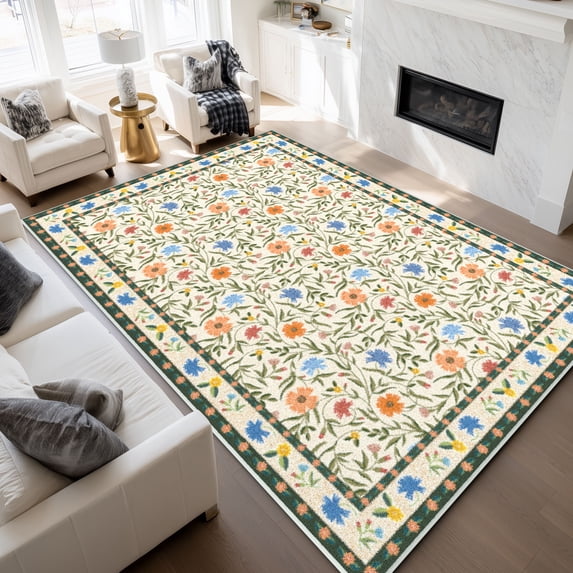 Washable Area Rugs for Living Room, Curtilage 8'x10' Non-Slip Boho Floral Indoor Rugs, Soft Low Pile Stain Resistant Carpet for Bedroom, Office