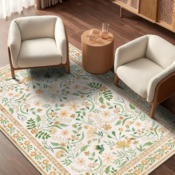 LOKHOM 3'x 5' Floral Washable Area Rugs for Living Room, Non Slip Low Pile Floor Carpet Soft Distressed Rug for Bedroom, Dining Room, Beige
