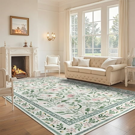 LOKHOM 9'x 12' Floral Washable Area Rugs for Living Room, Non Slip Low Pile Floor Carpet Soft Distressed Rug for Bedroom, Dining Room, Green
