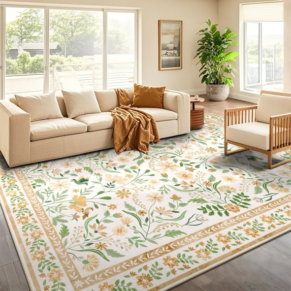 LOKHOM 9'x 12' Floral Washable Area Rugs for Living Room, Non Slip Low Pile Floor Carpet Soft Distressed Rug for Bedroom, Dining Room, Beige