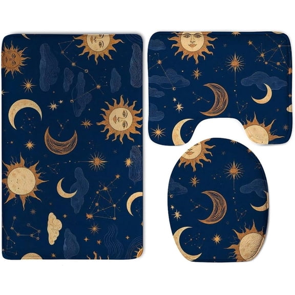 Washable Bath Rug Set, 3 Pieces Water Absorption Non Slip Bath Mat Contour Rug Quick Dry Toilet Seat Cover Magic Constellations Sun Moon Stars Mystical Astrology Floor Mat for Bathroom,Tub,Shower