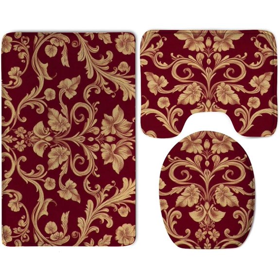 Washable Bath Rugs Set, Quick Drying Bathroom Mat, Flower Maroon Gold Floral Classy Burgundy Antique Toilet Lid Cover, Absorbent Non-Slip Contour Mat for Shower Room Bathtub