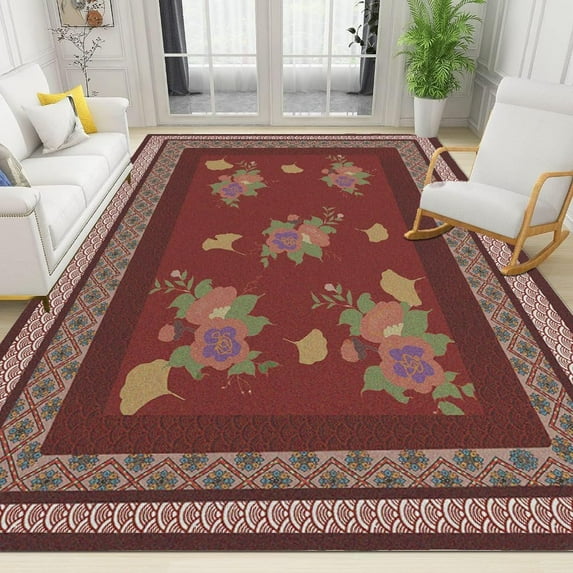 Washable Bathroom Area Rug, Traditional Floral Red Carpet Living Room Rug Soft Short Pile Non-Slip Non-Shedding Balcony Decor Carpet for Children's Room Music Room Office 4x5ft