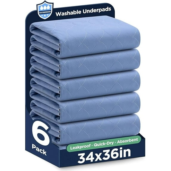 Washable Bed Pads 34" x 36" - 6 Pack, Blue, Waterproof Bed Pads for Incontinence, Bed Wetting Pads for Bed, Sofa, Floor, Resuable Underpads for Adults, Seniors, Pet