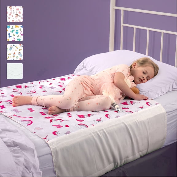 Improvia Washable Toddler Bed Pad for Potty Training, Waterproof Reusable with Tuck Sides, 34 x 36 in, 2 Pack (Unicorn Design)