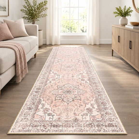 Washable Boho 2x10 Runner Rug for Living Room, Pink Beige Grey Decor Carpet