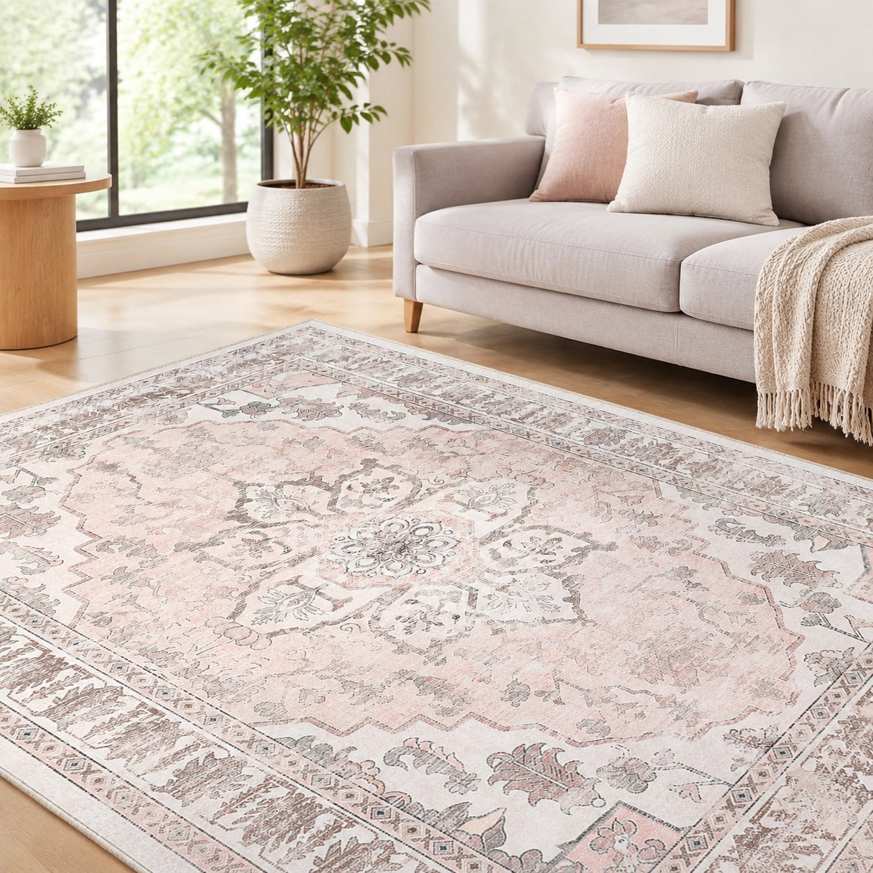 Gray Pink Rag Rug Washable Boho 5x7 Area Rug for Living Room, Pink Beige Grey Carpet ...