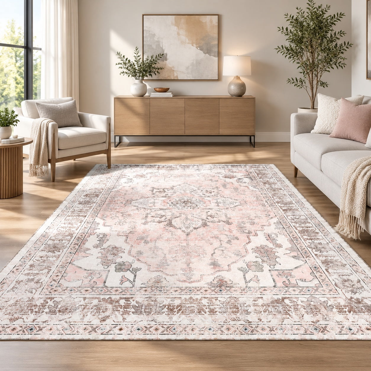 Gray Pink Rag Rug Washable Boho 8x10 Area Rug for Living Room - Pink Beige Grey Carpet ...
