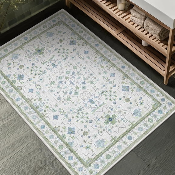 Washable Boho Bathroom Rug 2x3 - Small Throw Area Rugs For Powder Room  Laundry Kitchen Blue And Green Oushak Modern Eclectic Geometric FlPastel Decor Low Pile Non-slip Stain Resistant