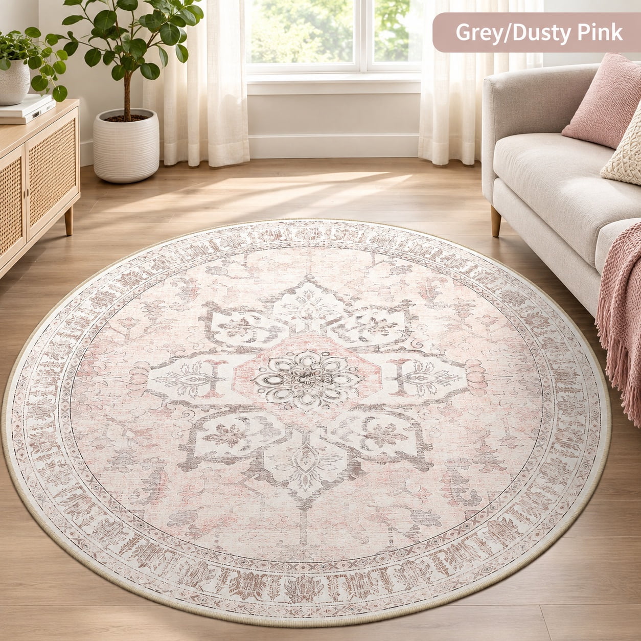 Gray Pink Rag Rug Washable Boho Round 6ft Area Rug for Living Room, Pink Beige Grey ...