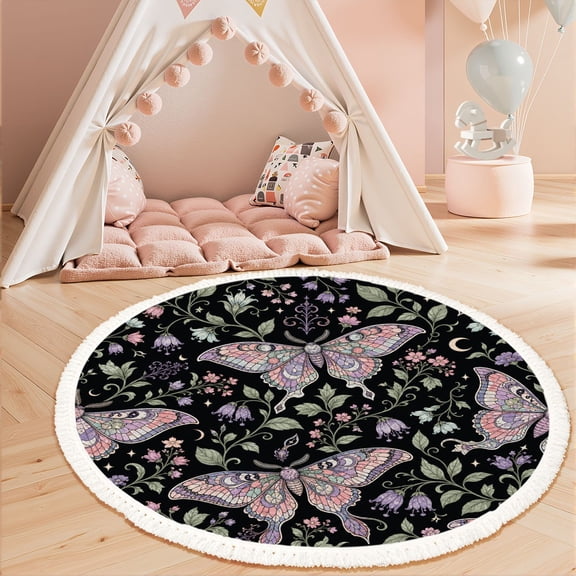 Washable Boho Round Rug 3ft Whimsical Pastel Moths Floral Black Circle Area Rugs with Tassels Carpet for Nursery Bedroom Living Room Playroom Dorm