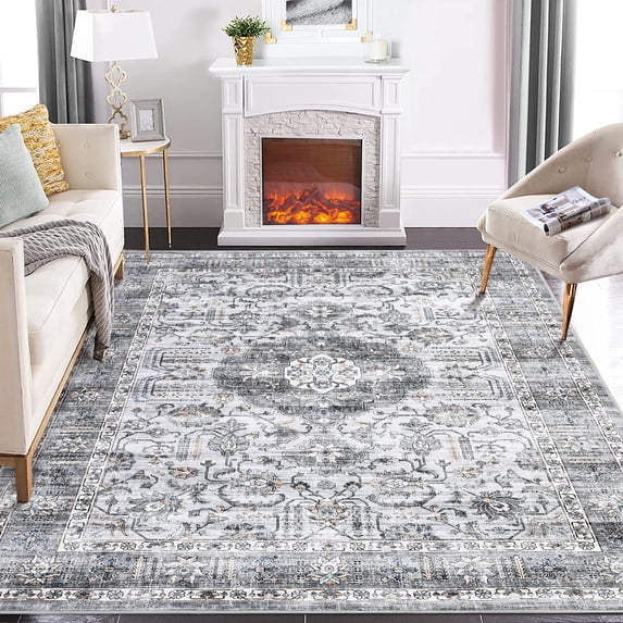 Washable Boho Vintage Area Rug – Non-Slip, mark Resistant, Low Pile Oriental Medallion Carpet for Living Room, Bedroom, Dining Room – Easy to Clean, Grey, USA, 8x10ft (244x305cm)