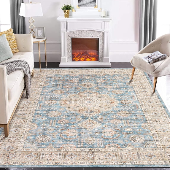 Washable Boho Vintage Area Rug – mark Resistant, Non-Slip, Low Pile Blue Floral Carpet for Living Room, Bedroom, Dining Room, Farmhouse – Blue, USA, 6x9ft (183x274cm)
