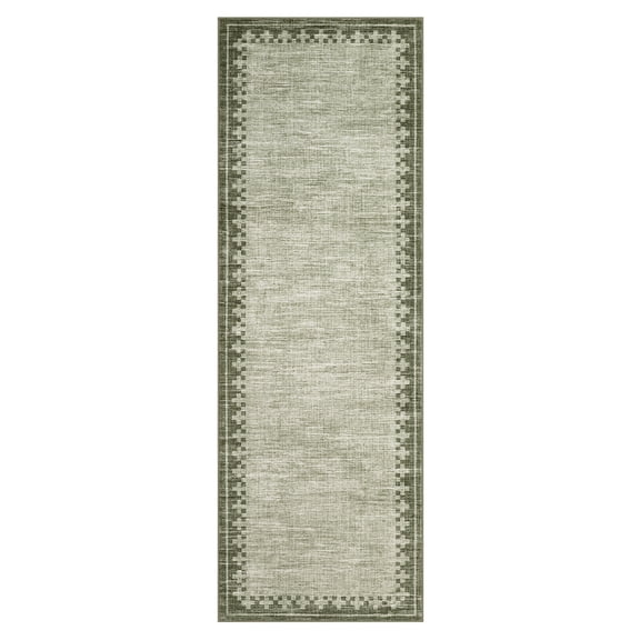 Washable Bordered Area Rug for Living Room, Bedroom, Dining Room, Office – Non-Slip, Low Pile, Spot Resistant-Green Minimalist Carpet–2x6ft (61x183cm)