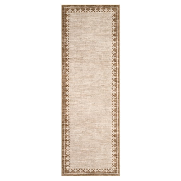 Washable Bordered Area Rug for Living Room, Bedroom, Dining Room, Office – Non-Slip, Low Pile, Spot Resistant-Minimalist Neutral Beige Carpet–2x6ft (61x183cm)