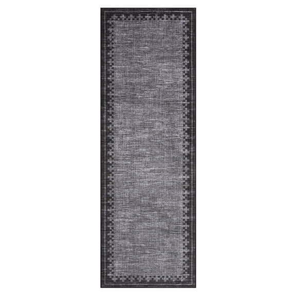 Washable Bordered Area Rug for Living Room, Bedroom, Dining Room, Office – Non-Slip, Low Pile, Spot Resistant, Minimalist Neutral Grey Carpet –Black Grey – 2x6ft (61x183cm)