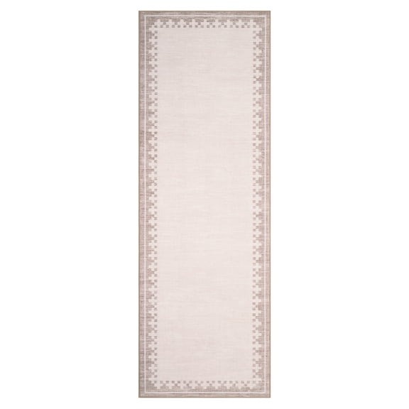 Washable Bordered Area Rug for Living Room, Bedroom, Dining Room, Office – Non-Slip, Low Pile, Spot Resistant-Soft Minimalist Ivory Carpet–2x6ft (61x183cm)