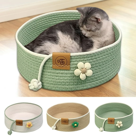 Washable Cat Bed,Woven Pet Beds for Small Dogs Cat,Natural Cotton Linen Cat Scratch Bed,Straw Nest Cat Bed,Durable Round Cat Scratcher Bowl Shaped Nest for All Seasons