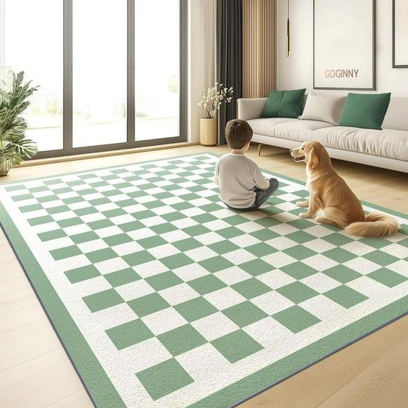 Washable Checkered Area Rug For Living Room, Sage Green Checkerboard Boho Large Rugs, Ultra Thin Low Pile Lightweight Indoor Carpet With Non-slip Backing For Bedroom Classroom 1x2ft