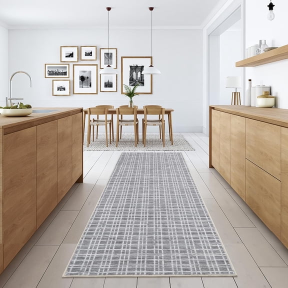 Washable Checkered Runner Rugs 2' x 6', Throw Carpet for Hallway Entryway Bedroom Living Room Entrance Laundry Bathroom Plaid Modern Farmhouse Rug, Dark Gray