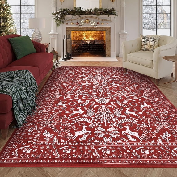 Washable Christmas Area Rug 8' x 10', Non Shedding Christmas Carpet with Non-Slip Backing, Christmas Rugs Floor Carpet for Living Room, Bedroom, Red