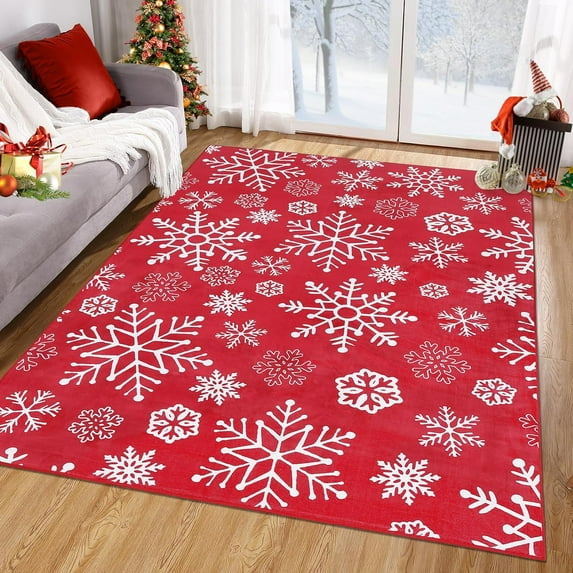 Washable Christmas Area Rug - Snowflake Carpet Holiday Decorative Velvet Foldable Coffee Table Accent Rug - Farmhouse Dining Table Bedroom Decor, 4' x 6',Red