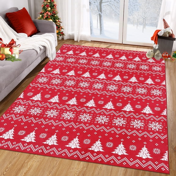 Washable Christmas Area Rugs Ultra-Soft Festive Decorative Throw Carpet Xmas Trees Snowflakes Accent Runner Rug Non-Slip Stain-Resistant Indoor Rugs for Bedroom Living Room Nursery