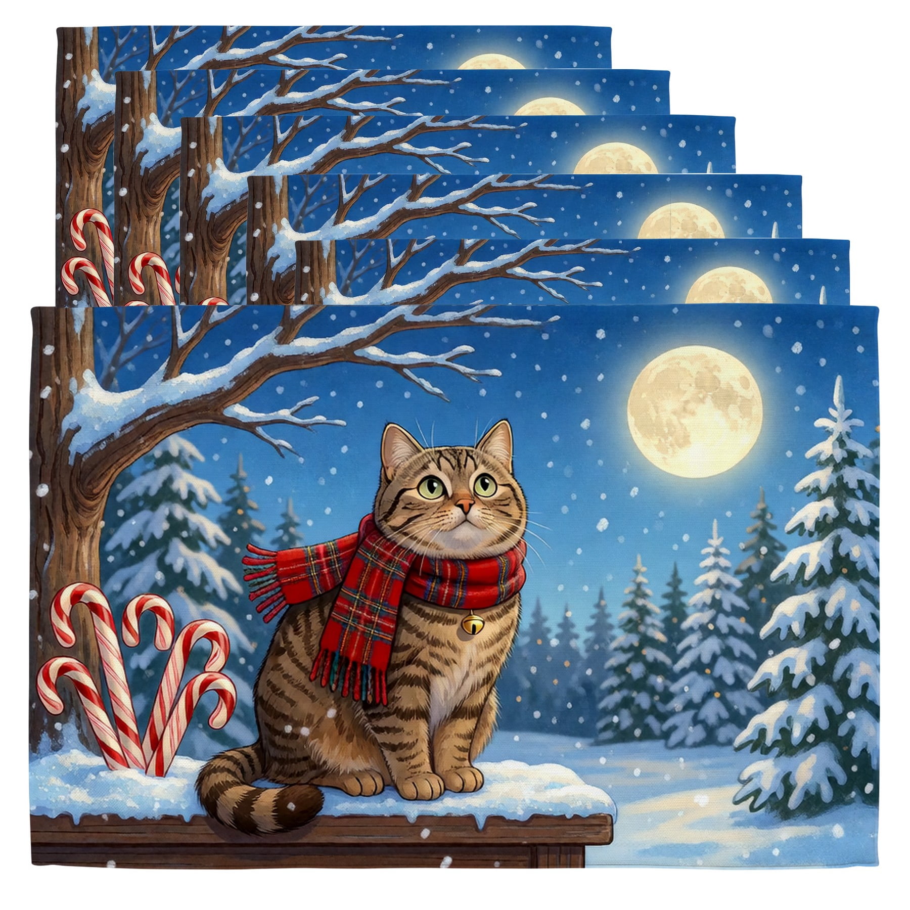 Washable Christmas Placemats A cat wearing a scarf sitting on a bench ...