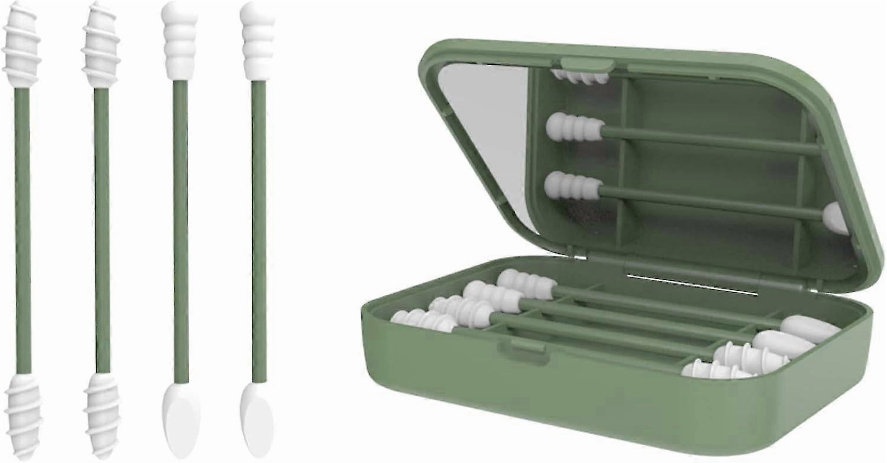 Washable Cotton Swabs - Reusable Ear Cleaners - Vegetable Silicone - (Pack of 4) (Fir Green)