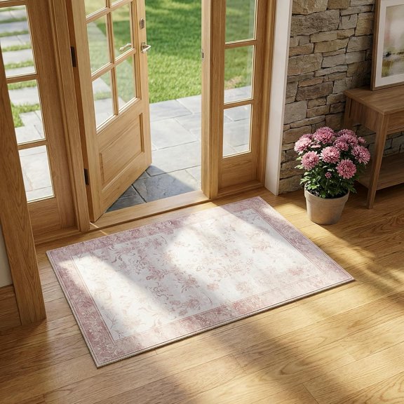 Washable Distressed Area Rug 2'x3' - Non-Slip  Backing Door Mat for Entryway Bathroom - 0.26" Low Pile Water Resistant Faux  Rug for   Accent,  & White
