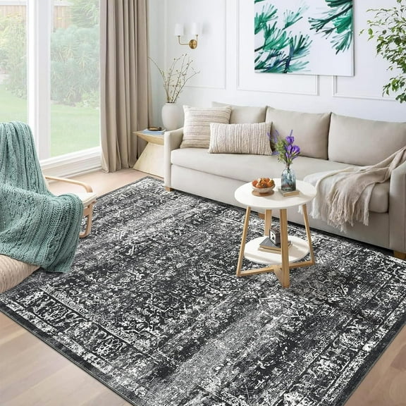 Washable Distressed Area Rugs 5x7, Non-Slip Low Pile Living Room Bedroom Floor Carpet for Home Office, Black